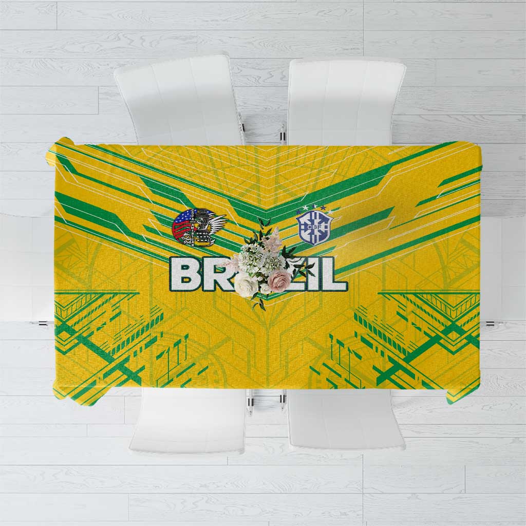 Bright yellow Brazil-themed tablecloth with green geometric pattern and crest