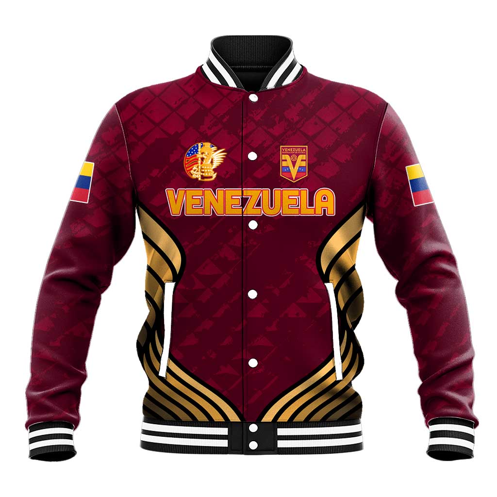 Wine red Venezuela baseball jacket with snap buttons, striped ribbed collar, front crest