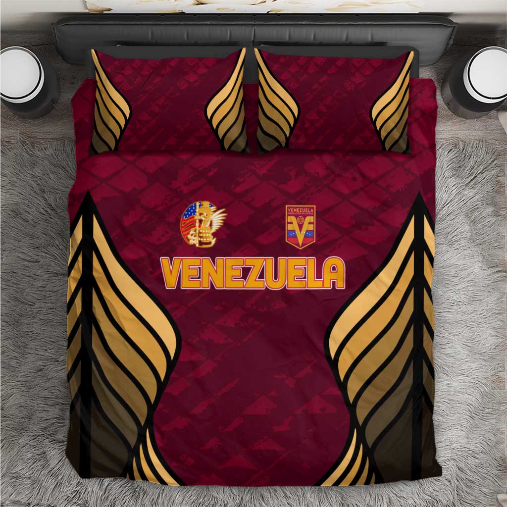 Maroon Venezuela football bedding set with gold-and-black wing graphics and two pillows
