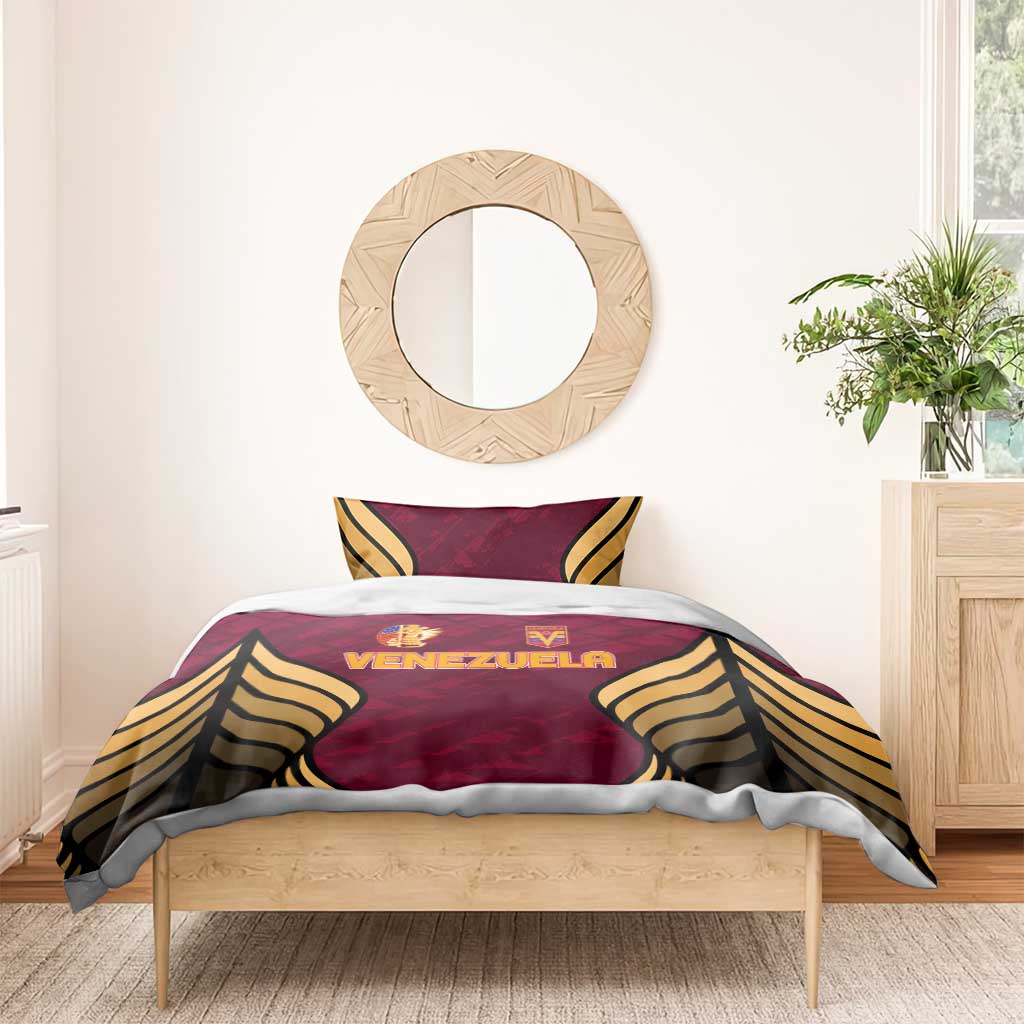 Maroon Venezuela football bedding set with two pillows, gold-and-black wing pattern