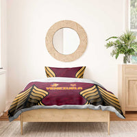Maroon Venezuela football bedding set with two pillows, gold-and-black wing pattern