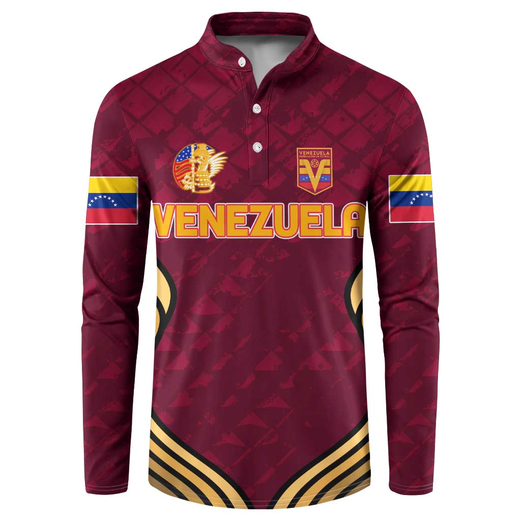 Men's maroon button-front sweatshirt with 'VENEZUELA' logo and flag sleeve stripe accents