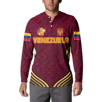 Men's maroon button-front sweatshirt on model with 'VENEZUELA' front graphic and crest