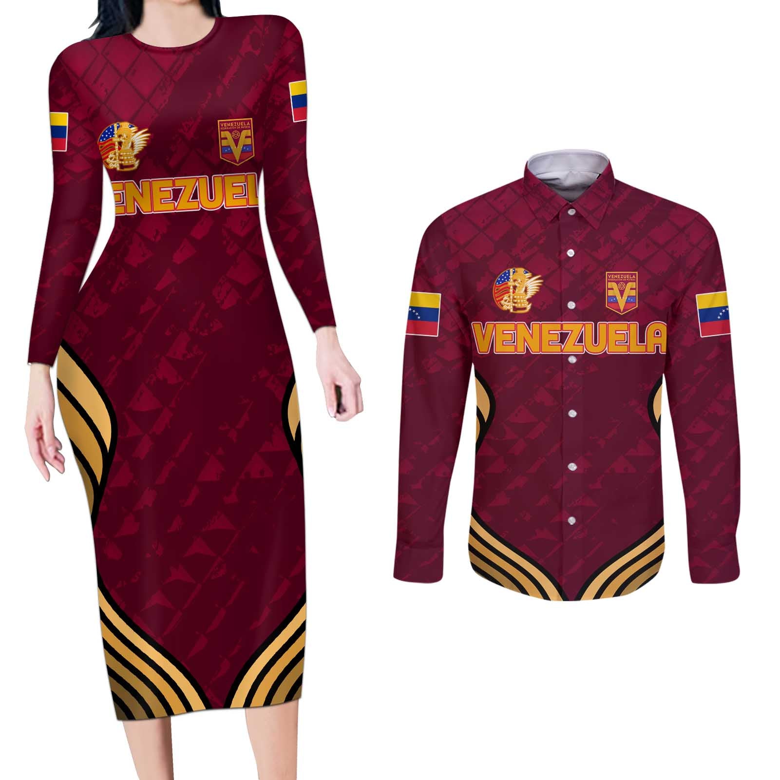 Custom Venezuela Football 2024 Couples Matching Long Sleeve Bodycon Dress and Long Sleeve Button Shirt The Red Wine - Wonder Print Shop