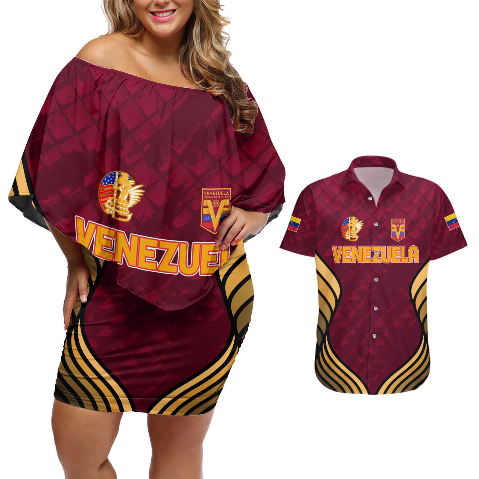 Custom Venezuela Football 2024 Couples Matching Off Shoulder Short Dress and Hawaiian Shirt The Red Wine - Wonder Print Shop