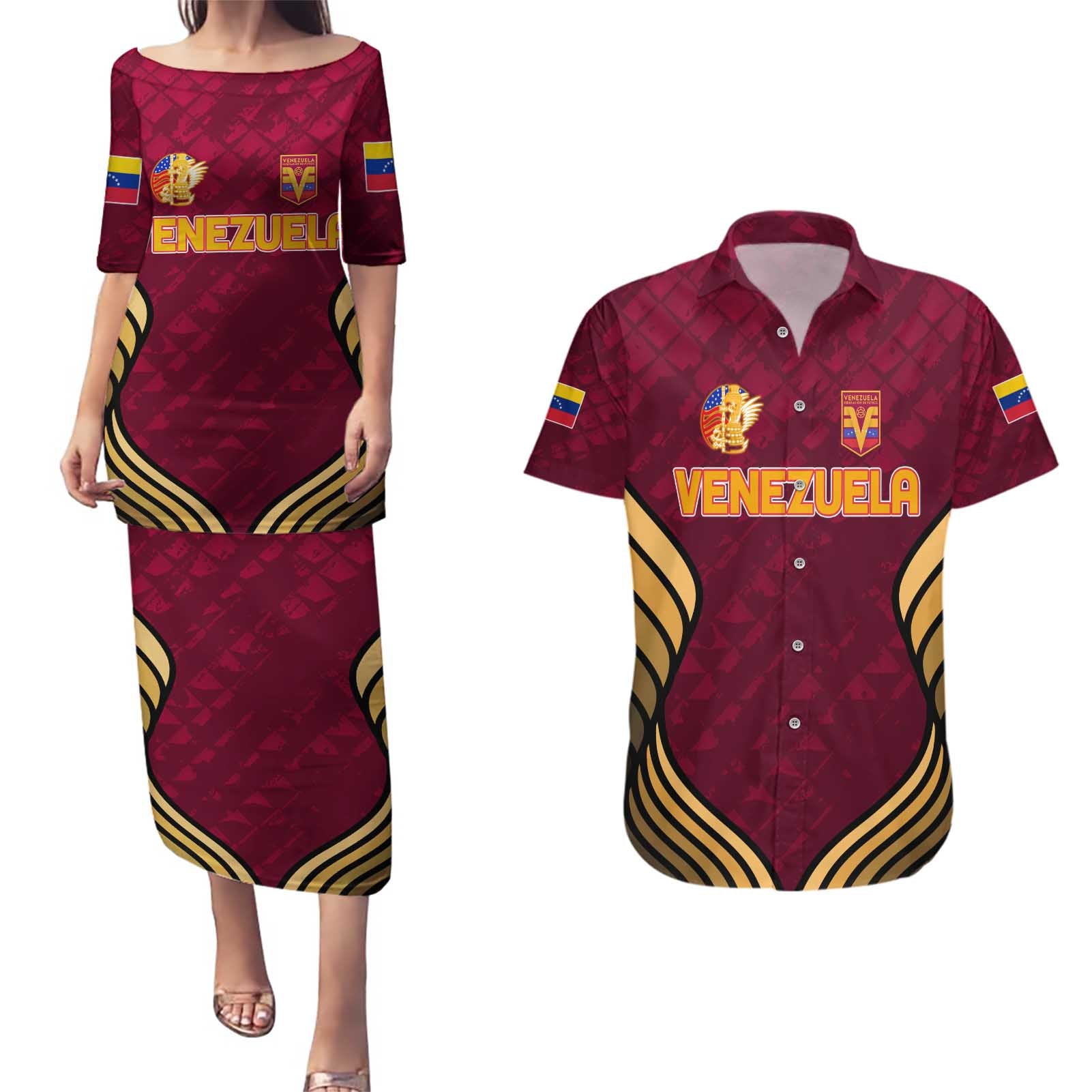 Custom Venezuela Football 2024 Couples Matching Puletasi and Hawaiian Shirt The Red Wine - Wonder Print Shop