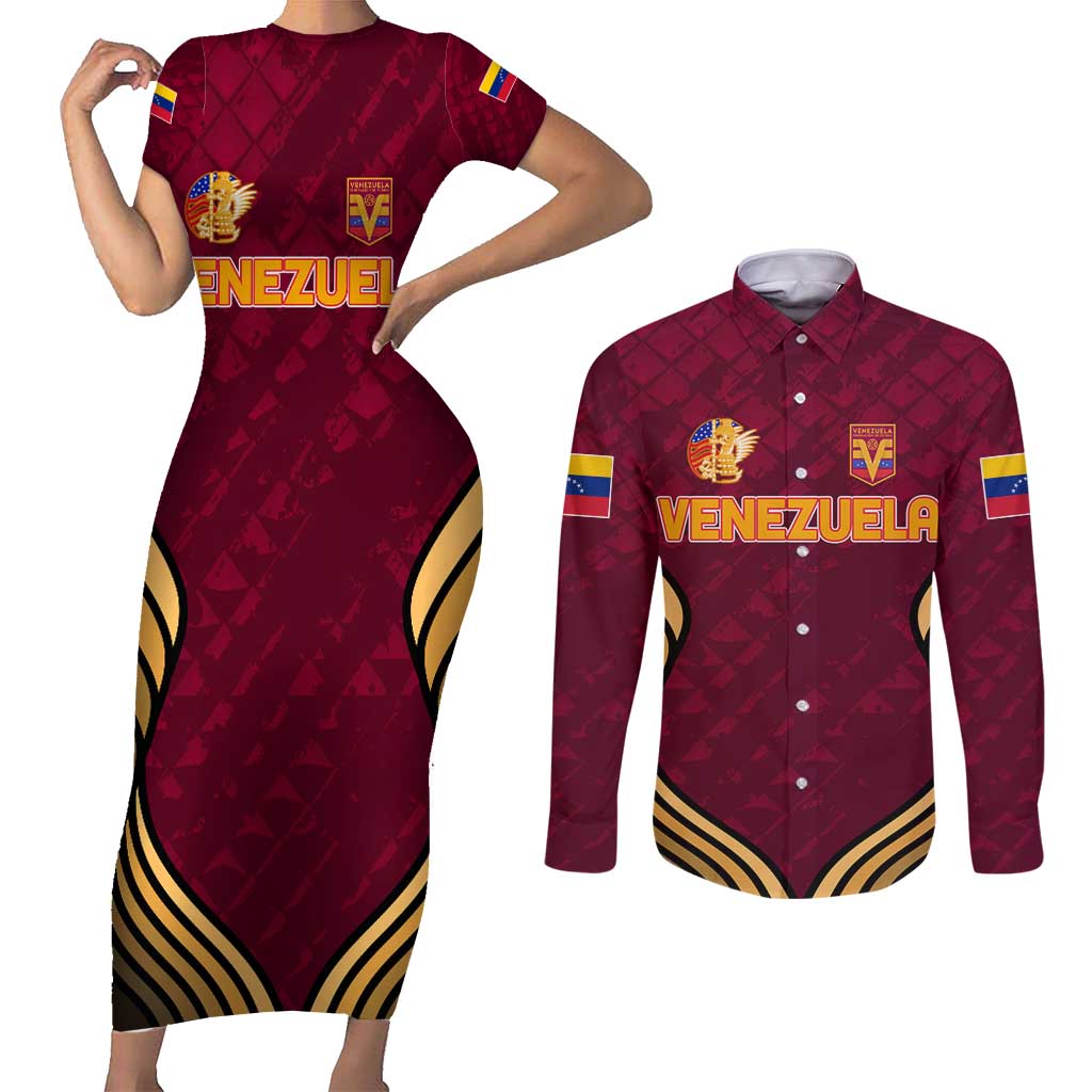 Custom Venezuela Football 2024 Couples Matching Short Sleeve Bodycon Dress and Long Sleeve Button Shirt The Red Wine - Wonder Print Shop