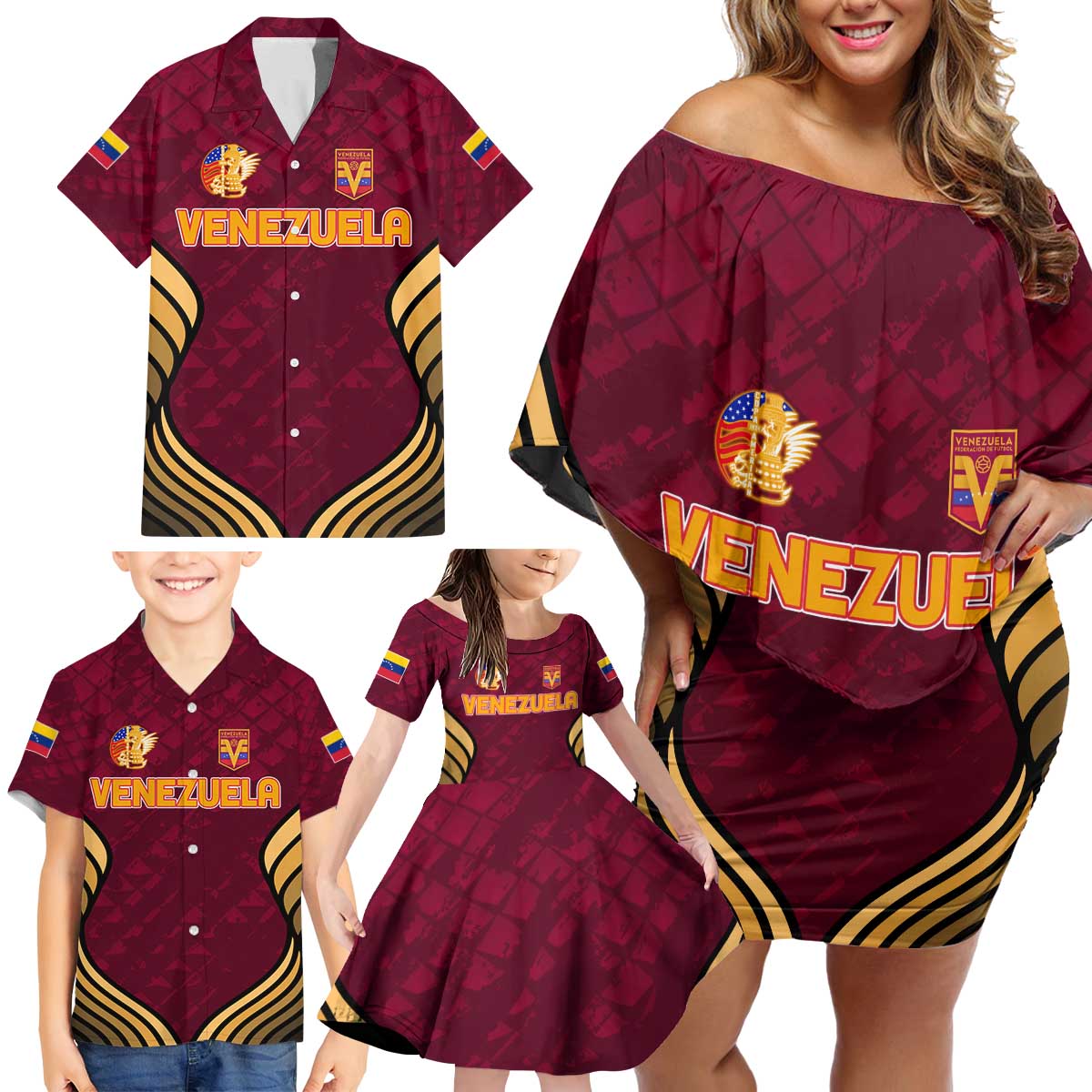 Custom Venezuela Football 2024 Family Matching Off Shoulder Short Dress and Hawaiian Shirt The Red Wine - Wonder Print Shop