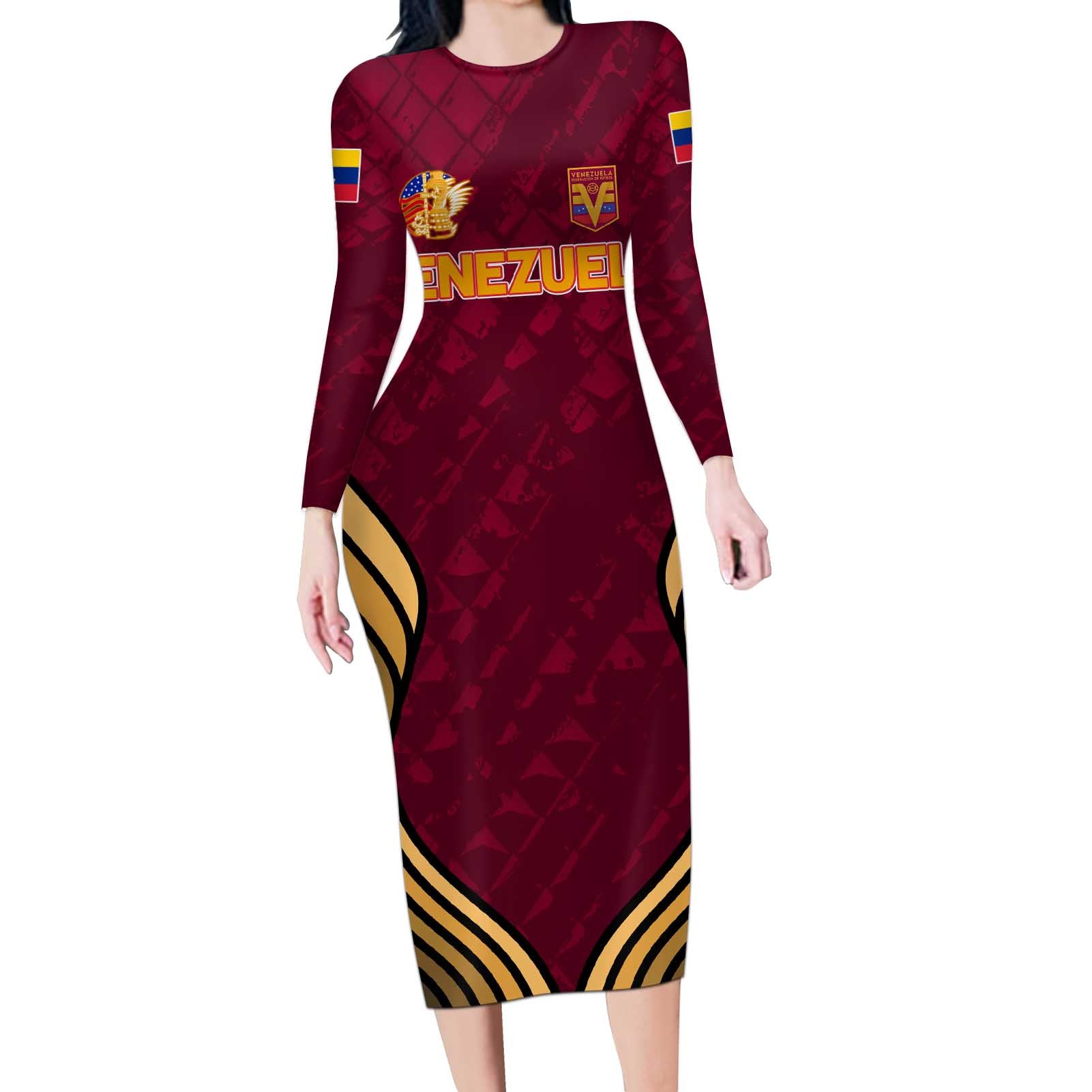 Custom Venezuela Football 2024 Long Sleeve Bodycon Dress The Red Wine - Wonder Print Shop