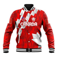 Red Canada baseball jacket with button front, ribbed collar and striped cuffs