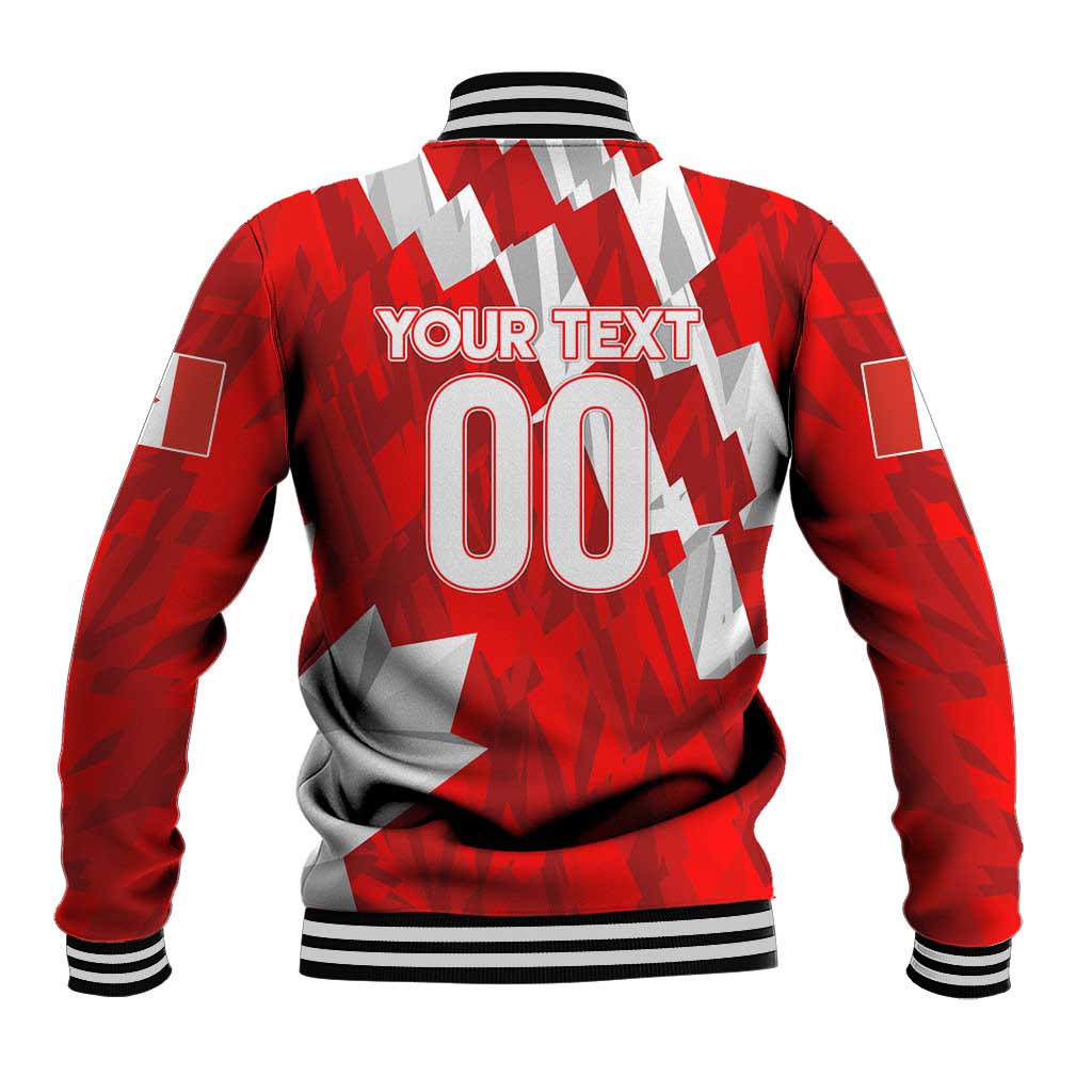 Red and white baseball jacket with striped collar and back graphic featuring large 00
