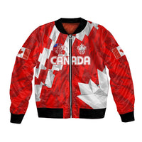 Red Canada soccer bomber jacket with zip front, black trim, Canada wordmark