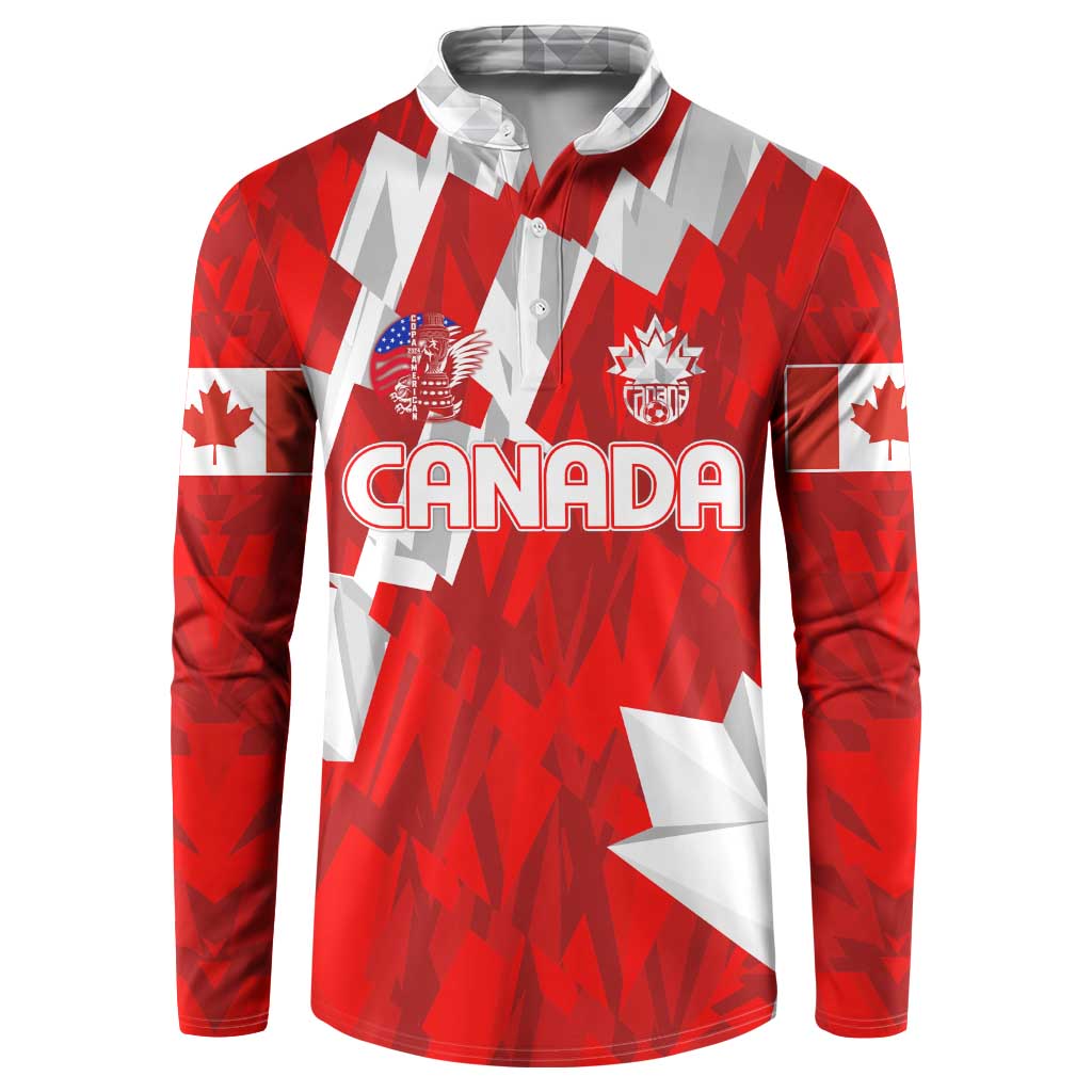 Red and white Canada graphic button-up sweatshirt, long sleeves, collared neckline