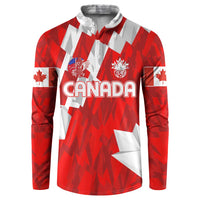 Red and white Canada graphic button-up sweatshirt, long sleeves, collared neckline