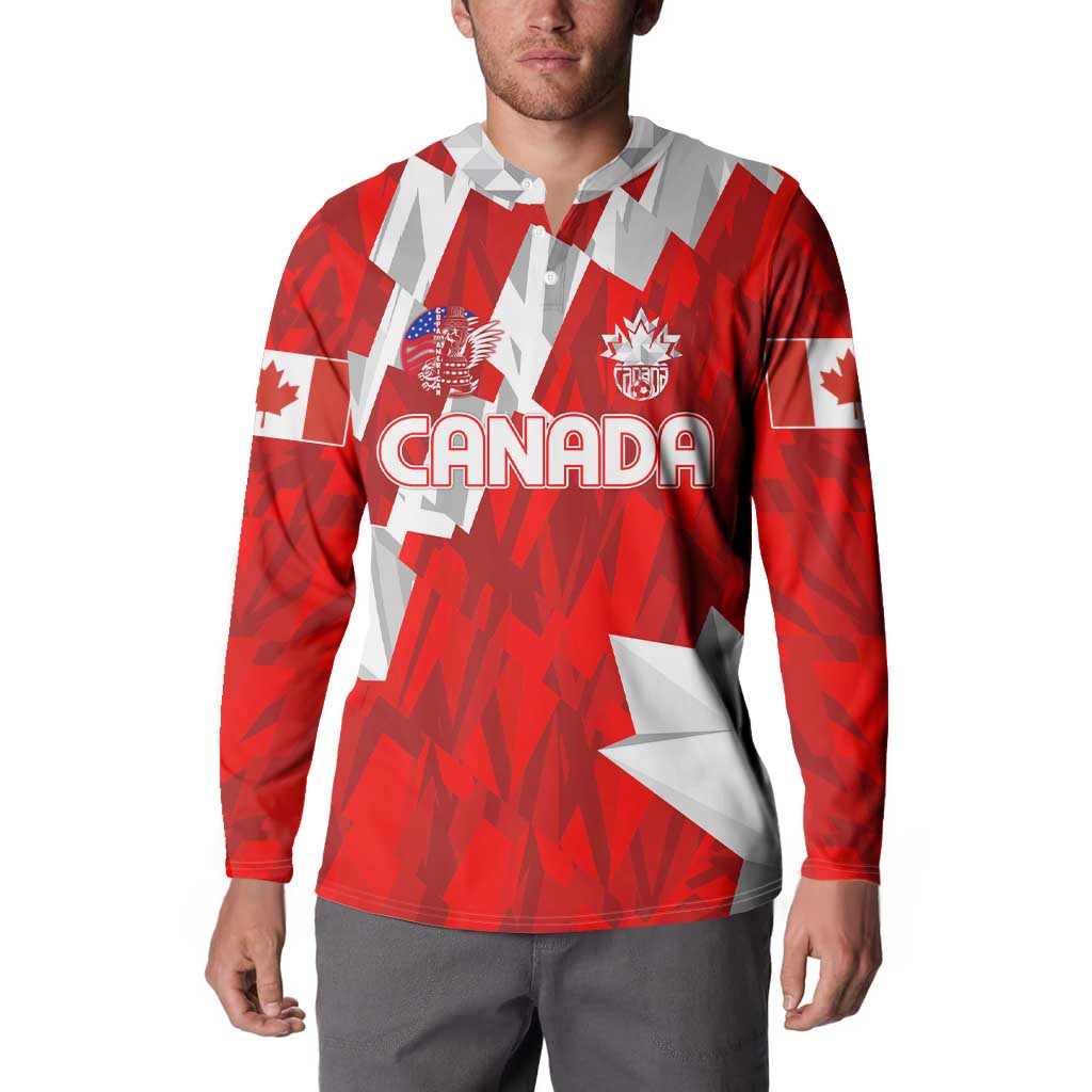 Men's red and white Canada graphic button-up sweatshirt, long sleeves, collared neck