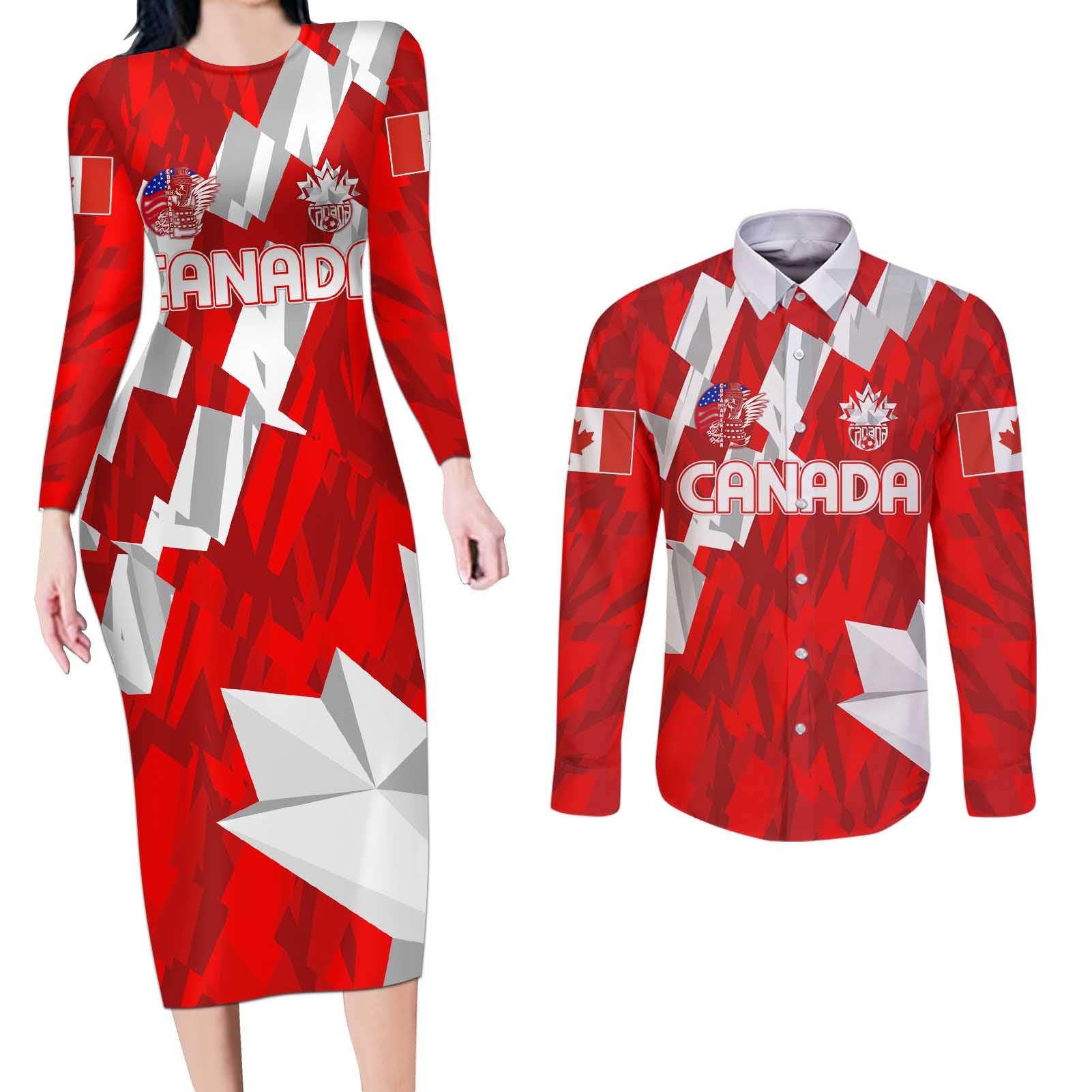 Canada Soccer 2024 Couples Matching Long Sleeve Bodycon Dress and Long Sleeve Button Shirt Canucks The Reds - Wonder Print Shop