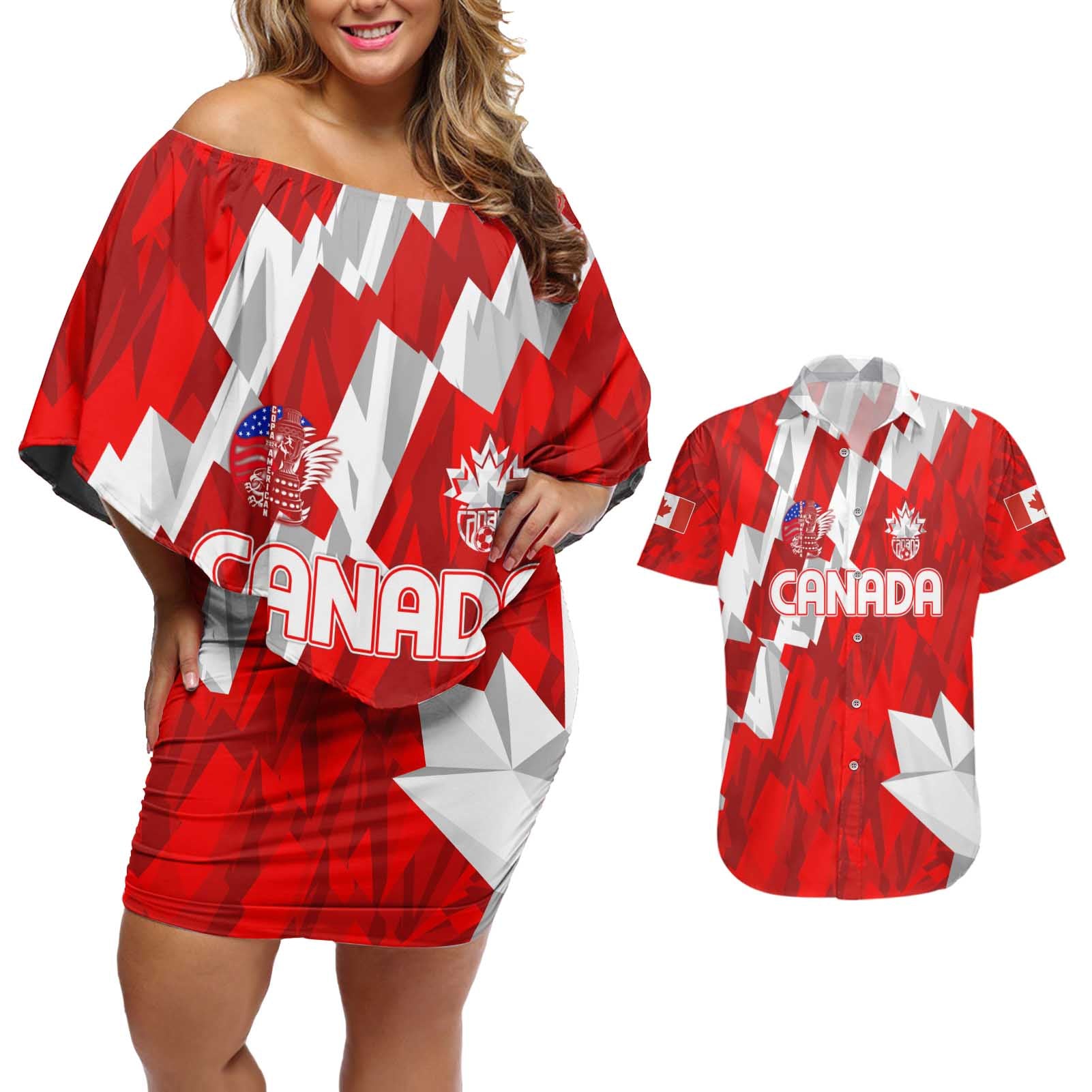 Canada Soccer 2024 Couples Matching Off Shoulder Short Dress and Hawaiian Shirt Canucks The Reds - Wonder Print Shop