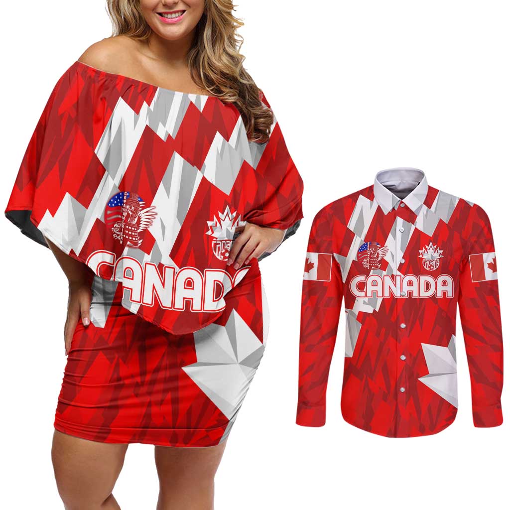 Canada Soccer 2024 Couples Matching Off Shoulder Short Dress and Long Sleeve Button Shirt Canucks The Reds - Wonder Print Shop