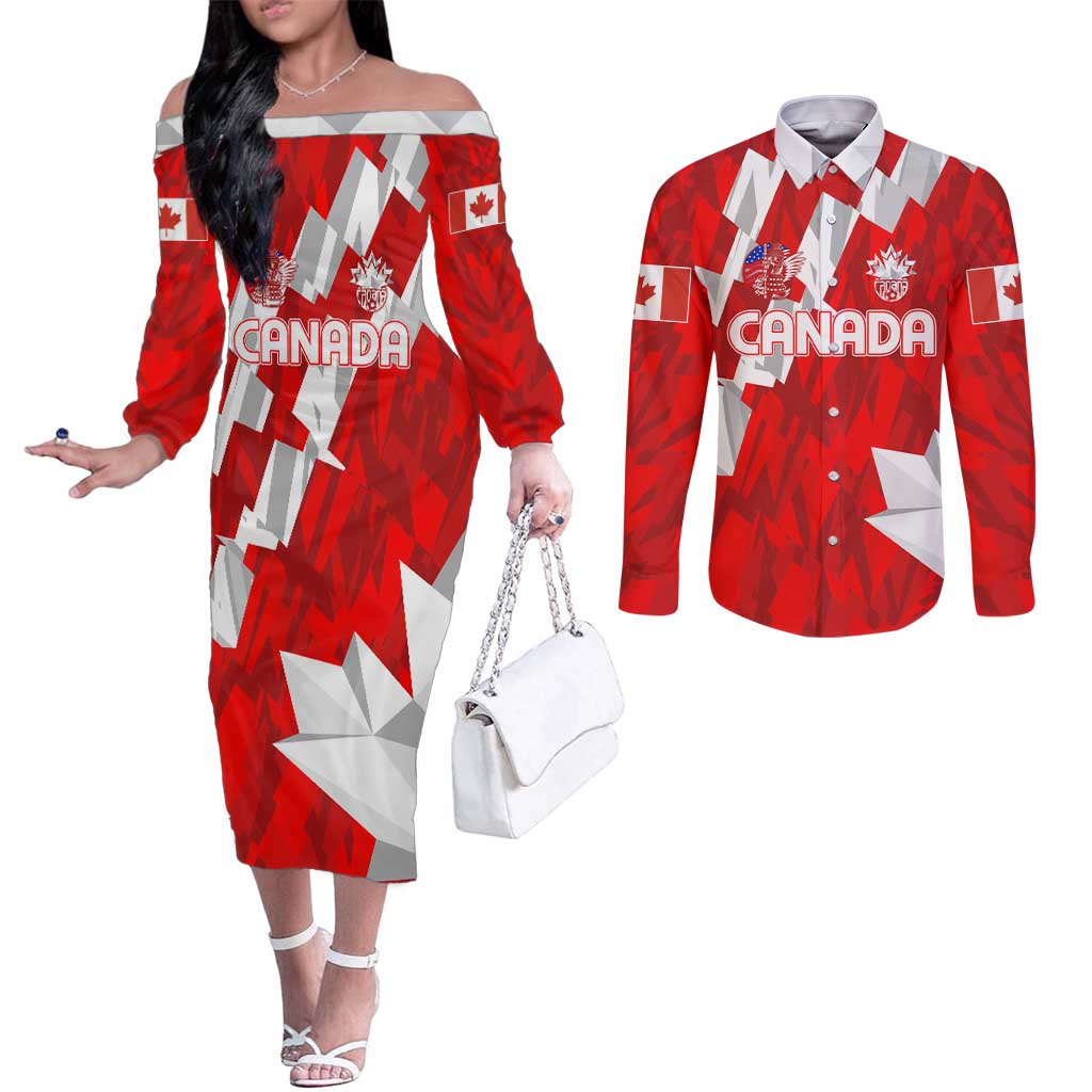 Canada Soccer 2024 Couples Matching Off The Shoulder Long Sleeve Dress and Long Sleeve Button Shirt Canucks The Reds