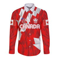 Red long-sleeve button shirt with gray geometric pattern, white collar, Canada crest