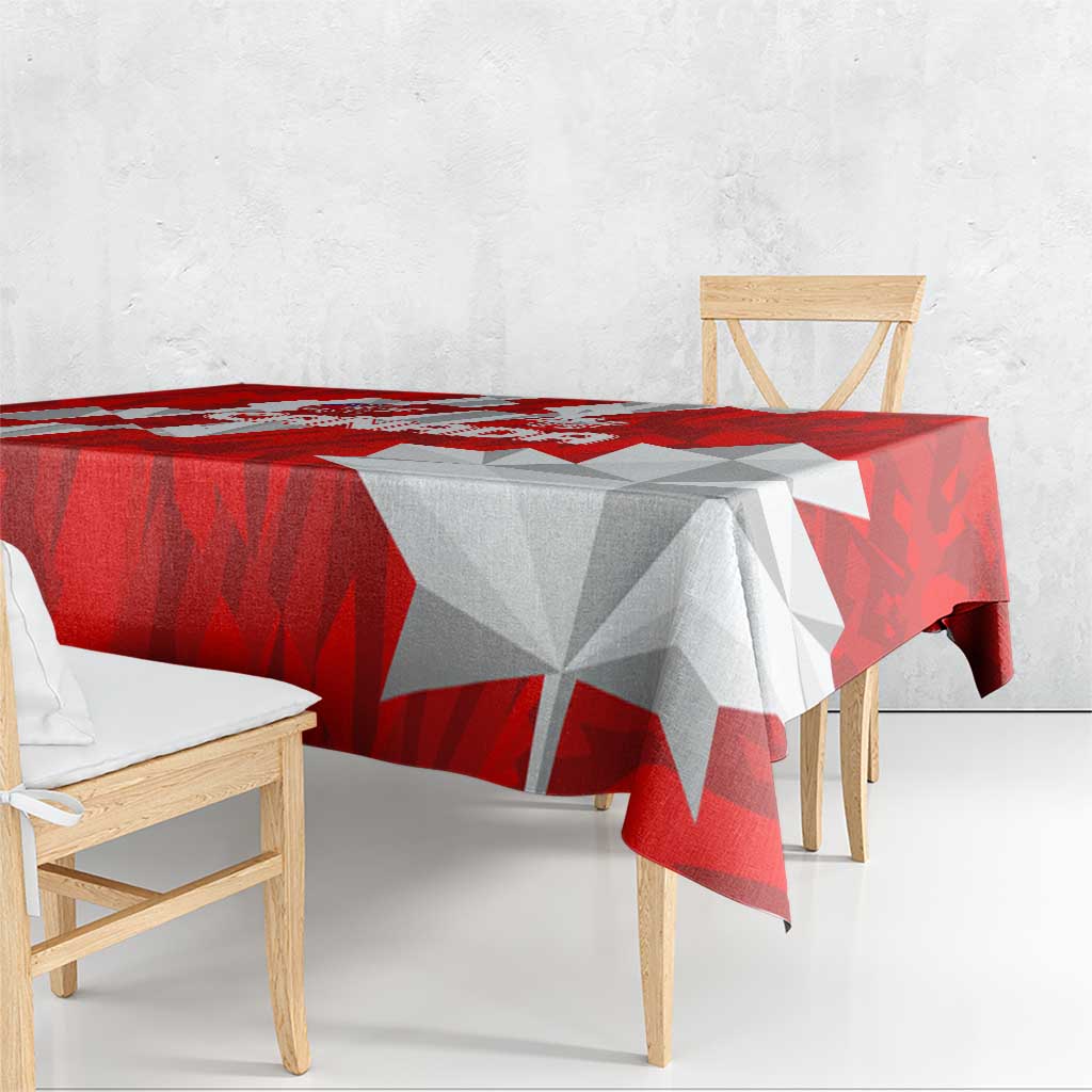 Red and white geometric tablecloth over dining table with corner drape
