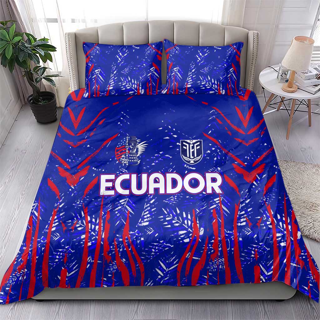 Blue duvet set with red geometric print; 'ECUADOR' logo on center and matching pillowcases