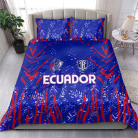 Blue duvet set with red geometric print; 'ECUADOR' logo on center and matching pillowcases