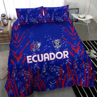 Blue duvet set with red abstract rays; ECUADOR text and crest on front; two pillows