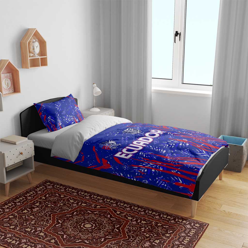 Blue duvet set with red abstract streaks and ECUADOR text; coordinated pillowcases
