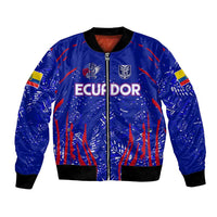 Blue full-zip bomber jacket with Ecuador crest patches and tricolor flag graphic