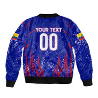Blue bomber jacket with large '00' on the back and tricolor flag graphic