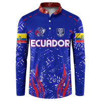 Blue football button sweatshirt with ECUADOR text, crest badges, long sleeves