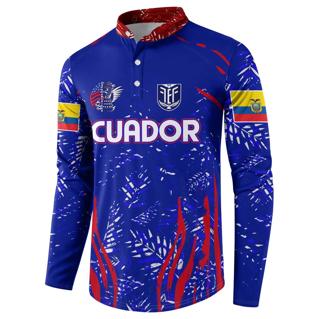 Blue football button sweatshirt with ECUADOR lettering and crest badges, flag sleeve panels