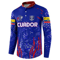 Blue football button sweatshirt with ECUADOR lettering and crest badges, flag sleeve panels