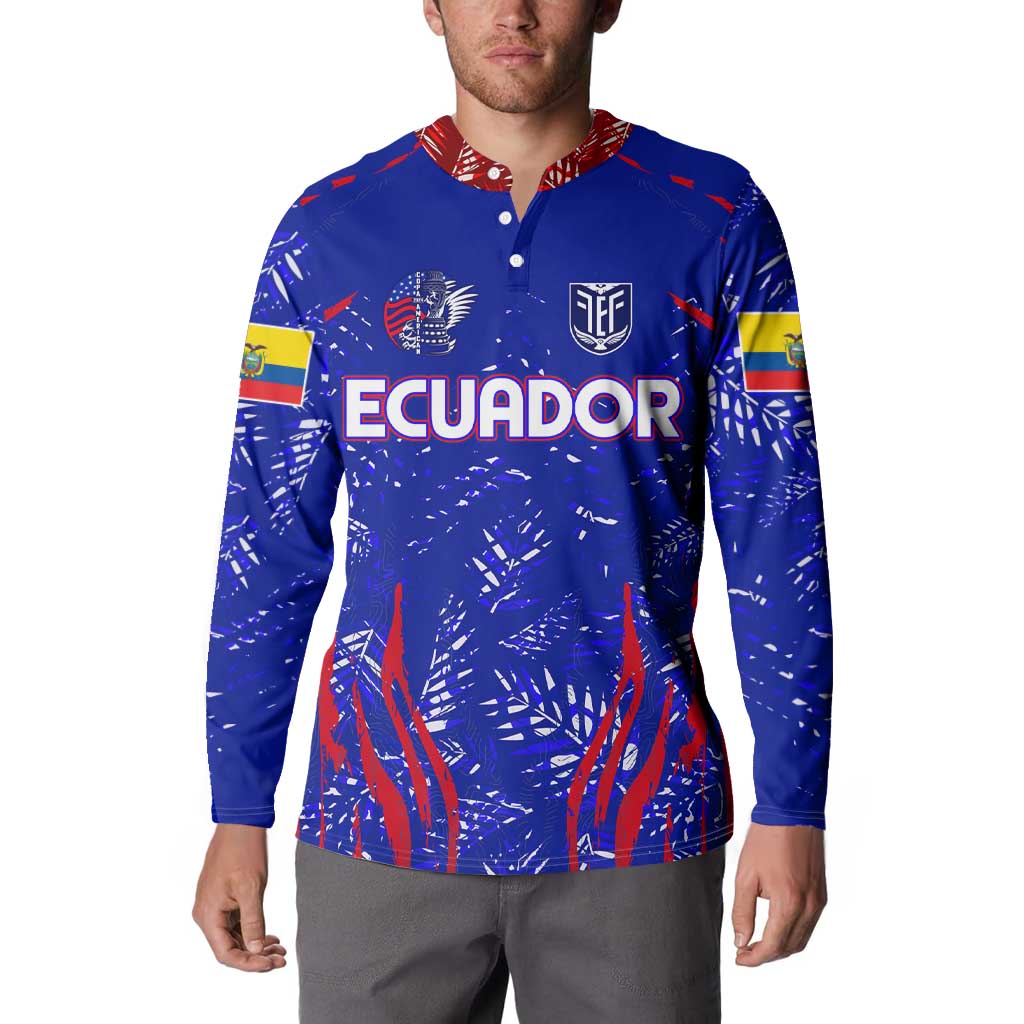 Blue football button sweatshirt on model, ECUADOR front print, long sleeves with crest