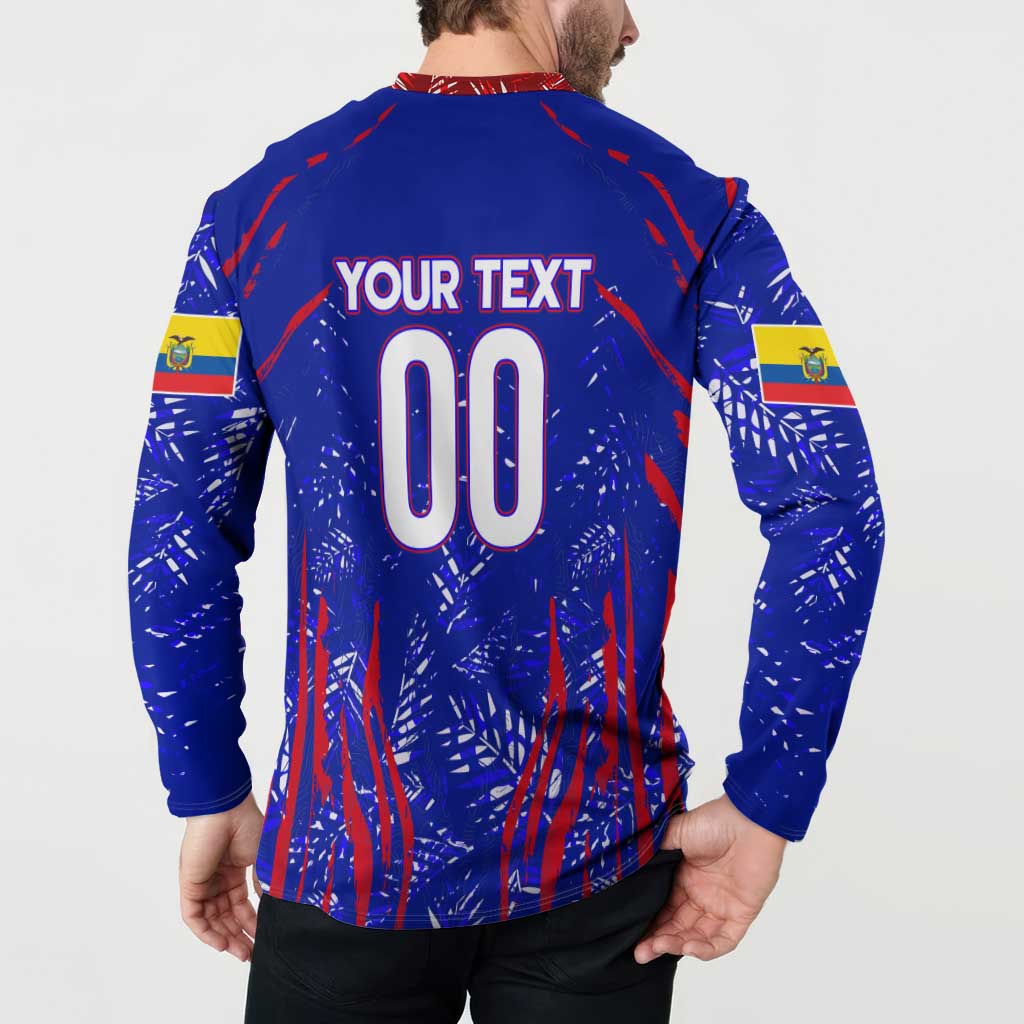 Blue football button sweatshirt back on model, YOUR TEXT 00 print, long sleeves