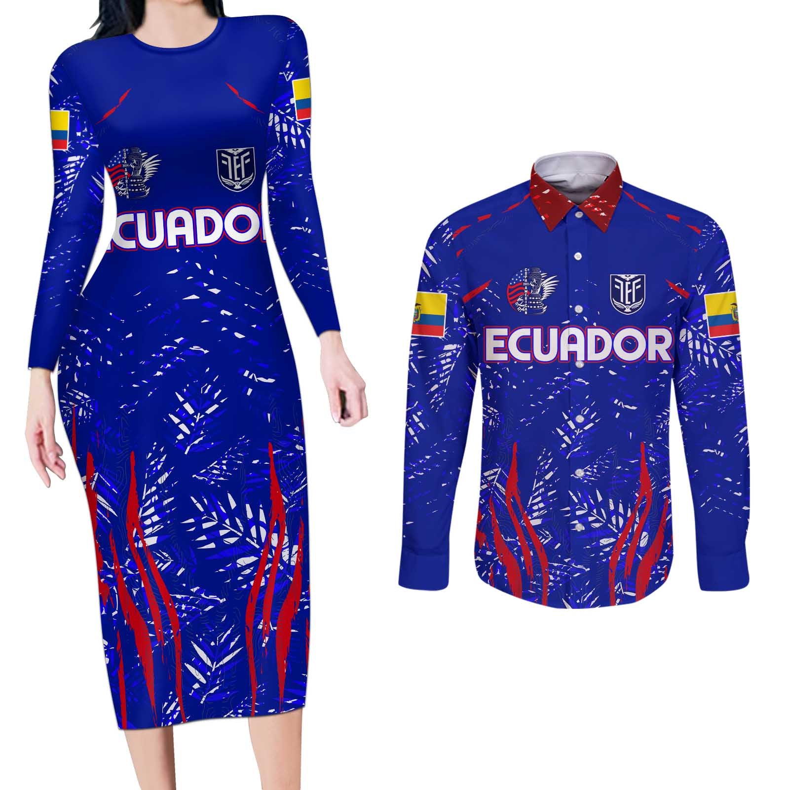 Ecuador Football 2024 Couples Matching Long Sleeve Bodycon Dress and Long Sleeve Button Shirt La Tricolor - Wonder Print Shop