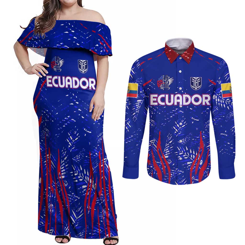 Ecuador Football 2024 Couples Matching Off Shoulder Maxi Dress and Long Sleeve Button Shirt La Tricolor - Wonder Print Shop