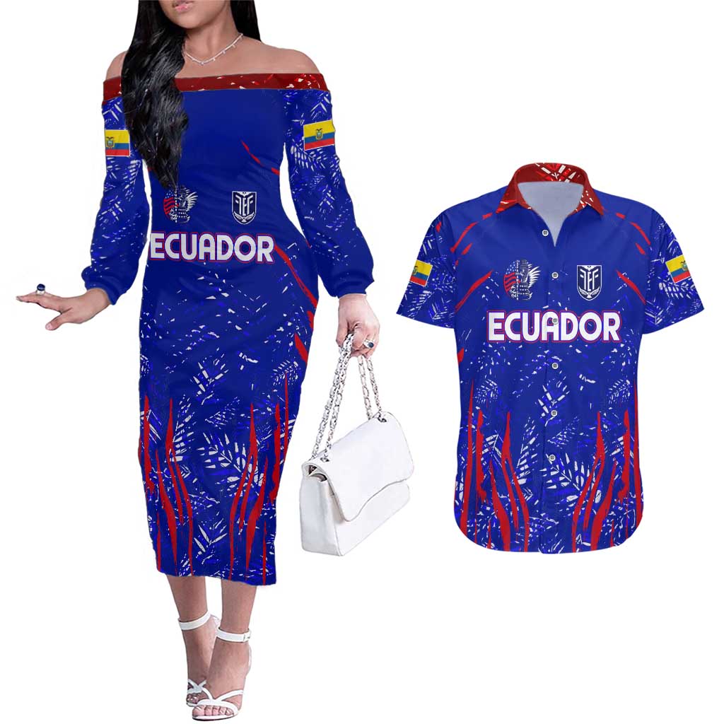 Ecuador Football 2024 Couples Matching Off The Shoulder Long Sleeve Dress and Hawaiian Shirt La Tricolor - Wonder Print Shop