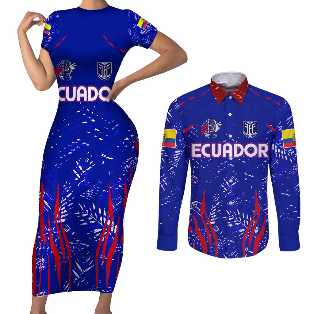 Ecuador Football 2024 Couples Matching Short Sleeve Bodycon Dress and Long Sleeve Button Shirt La Tricolor - Wonder Print Shop