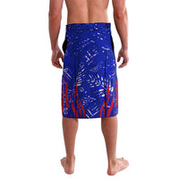 Blue patterned swim shorts with elastic waistband and red streaks, side view