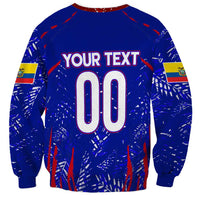 Blue football sweatshirt back print with 'YOUR TEXT' and large '00' number
