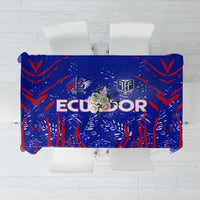 Blue tablecloth showing 'ECUADOR' graphic with team logos and red accents