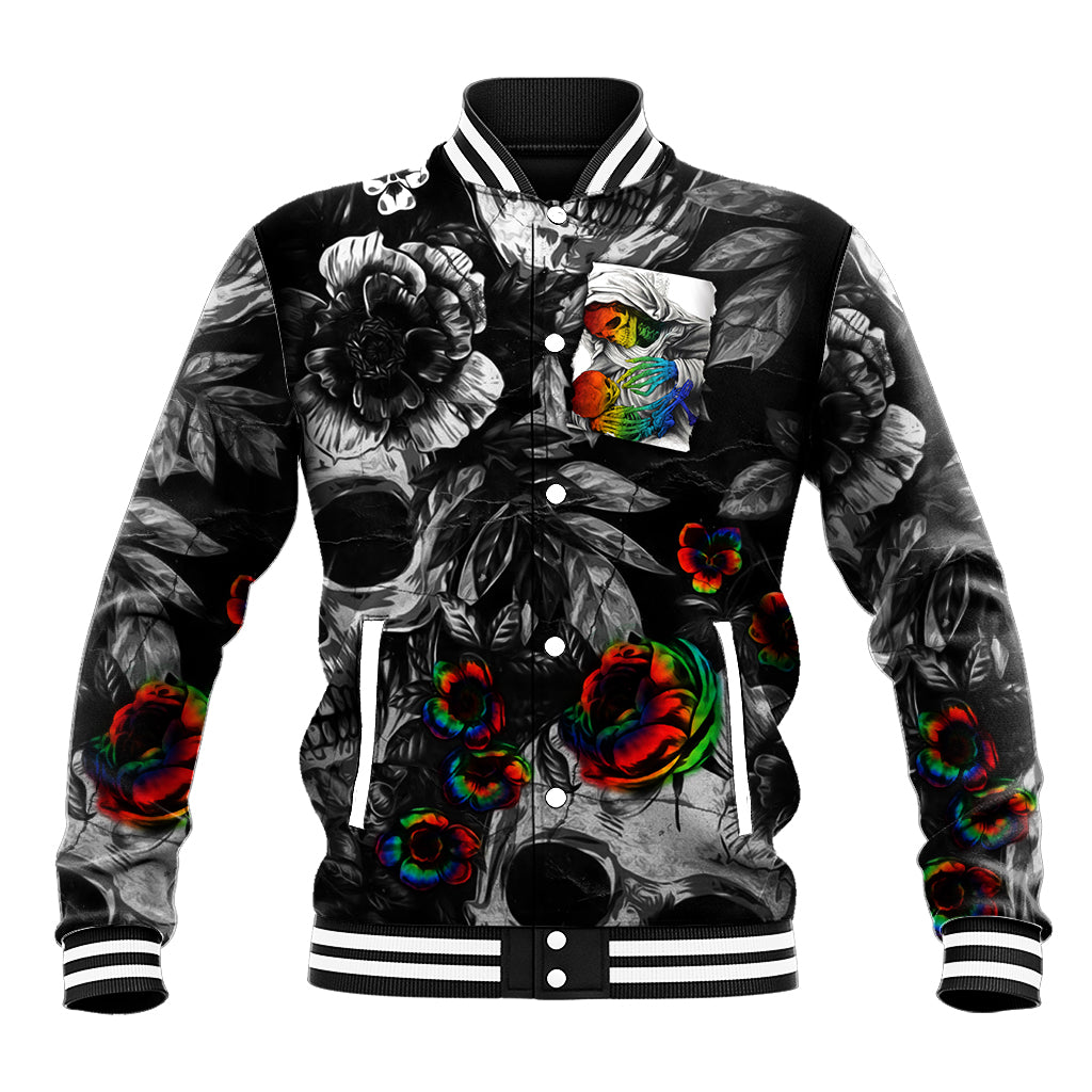 Black unisex baseball jacket with skull-and-floral graphic, striped ribbed collar