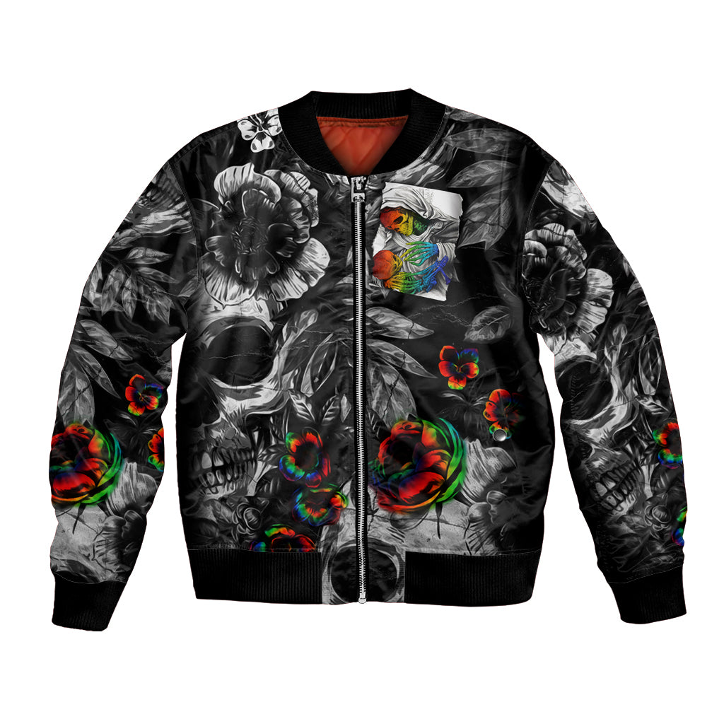 Black bomber jacket with zip front, skull artwork and colorful rose patches