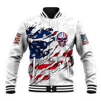 White baseball jacket with American flag skull graphic and snap-up varsity collar