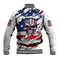 White baseball jacket, back view, American flag skull graphic with ribbed striped cuffs