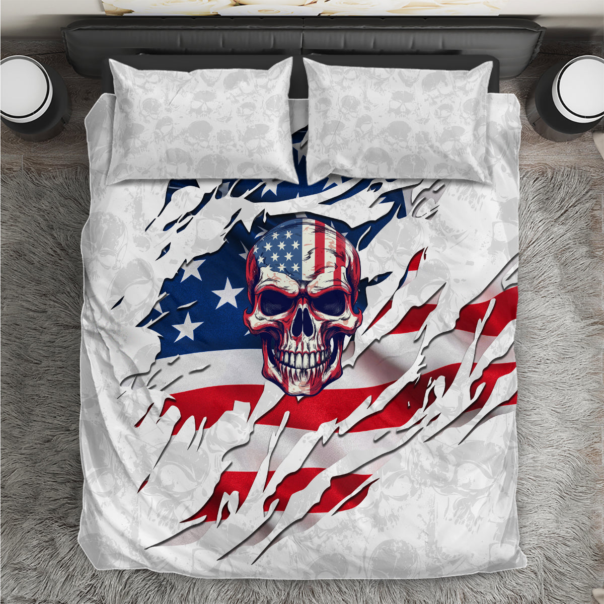 Skull and American flag bedding set on white with blue stars and red stripes, two pillows