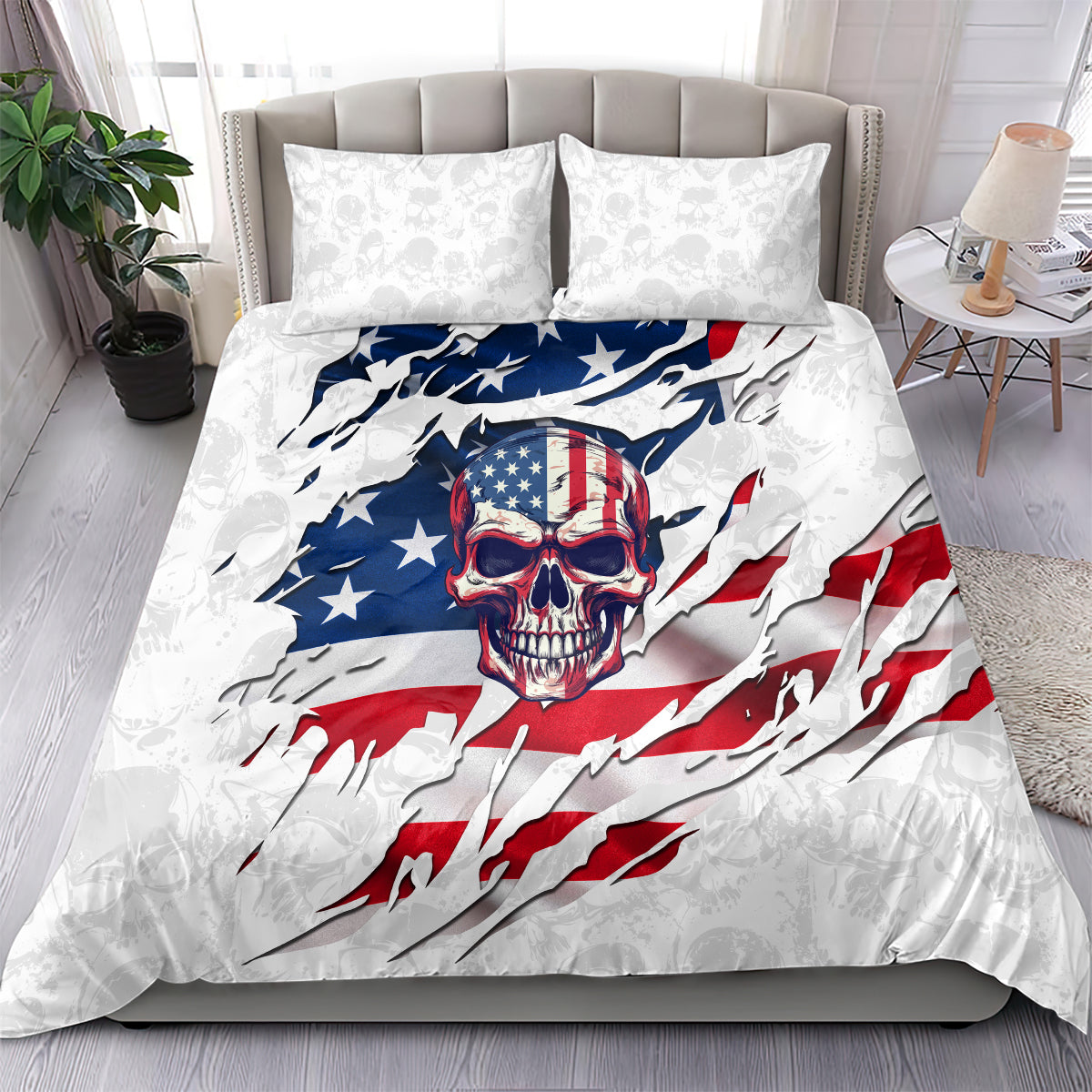 American flag skull duvet cover with two white pillowcases, blue stars and red stripes