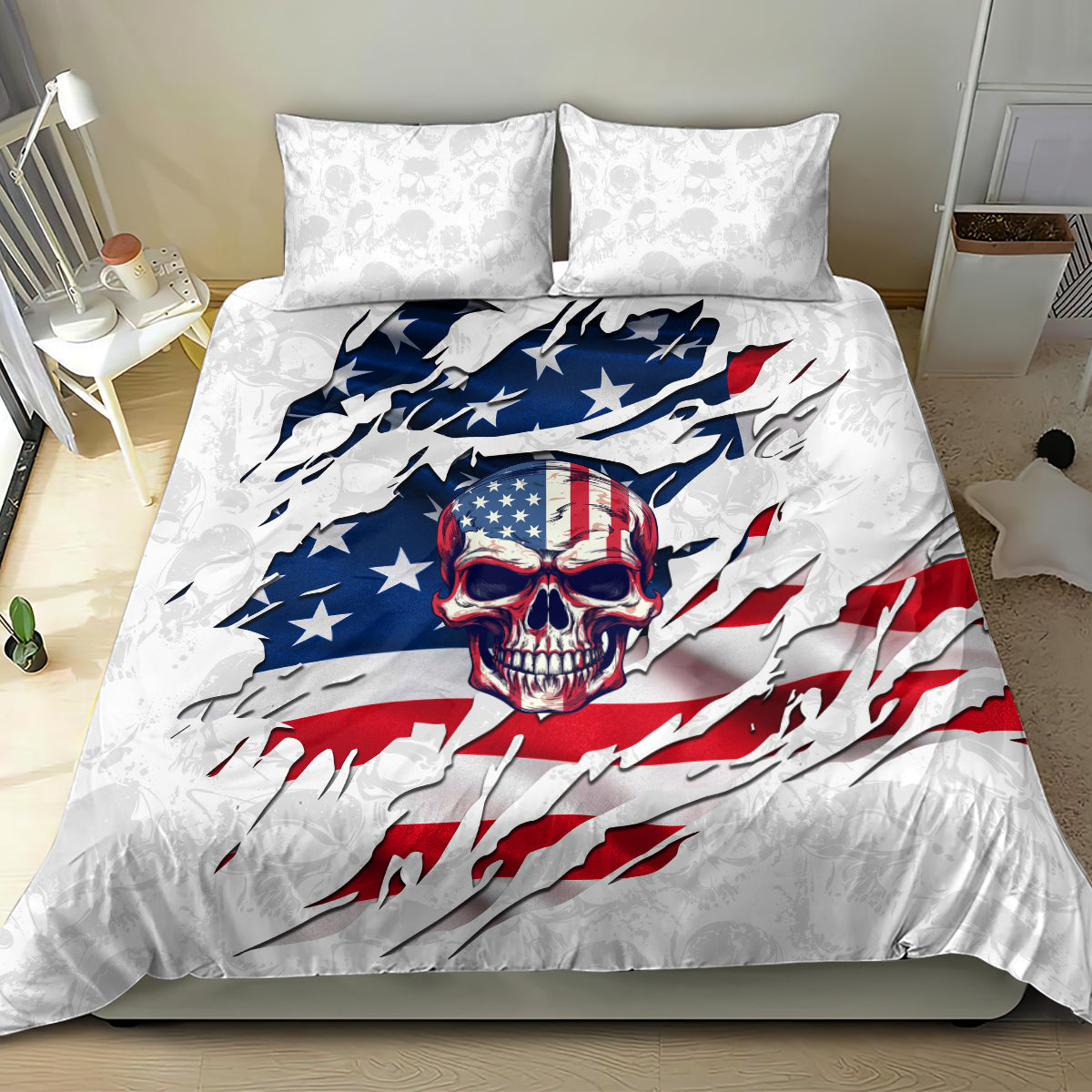 American flag skull bedding set with two white pillowcases, bold blue stars and red stripes